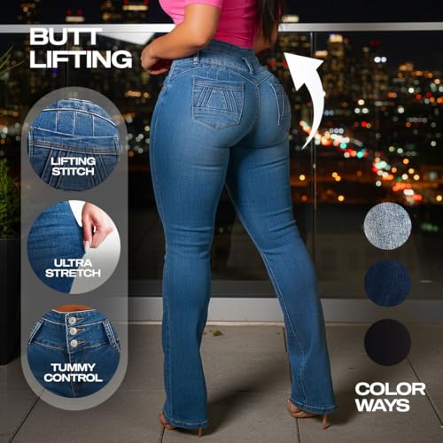 Image of Moda Xpress Women's Butt Lifting High Waisted Bootcut Jeans - Stretchy, Comfortable Flare Jeans in Junior Size Vintage Style