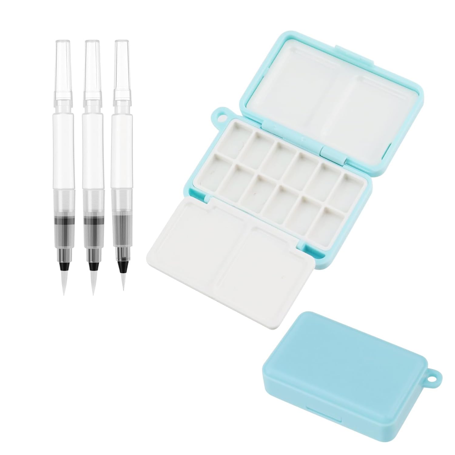 4PCS Mini Painting Kit, Portable Water Colour Palette for Travel Sketching and Outdoor Painting, Compact Colour Mixing Palette, Blue, Including 3 Water Brushes-image-48