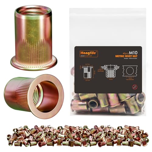 HANGLIFE Rivet Nut, M10 Metric Rivnut - Flat Head Nutserts, Zinc Plated Carbon Steel Knurled Body Threaded Insert Nuts, 40 Pieces