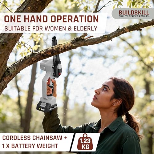 Image of BUILDSKILL 21V Cordless Chainsaw Machine | 6 inch Bar | 3600 RPM Copper Motor | 2 x 1.5AH Battery | Chain tensioning button, safety lock | Mini Chainsaw Machine for Wood Cutting, Gardening & DIY Use