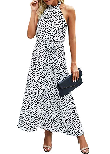 PRETTYGARDEN Women’s Casual Halter Neck Sleeveless Floral Long Maxi Dress Backless Loose Ruffle Sundress with Belt (Z-White, Large)