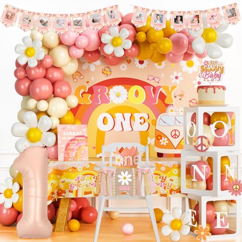 Party Inspo Groovy One Birthday Decorations Girl - First Birthday Decorations for Girl - Hippie Boho Daisy Theme with Backdrop Balloon Garland Banner Cake Topper Box Cutout Poster and Crown