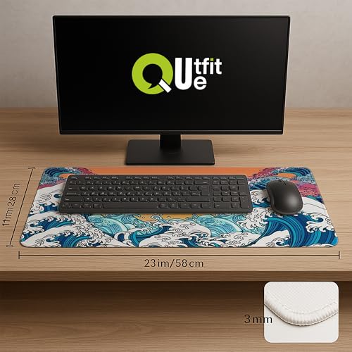 Image of Printed Gaming Mousepad - Premium Stitched Edges, Smooth Surface,Size 11x23 inches, Non-Slip Rubber Base - Ideal for Office & Gaming Setup (Vintage Japanese Ocean Wave Sunrise)