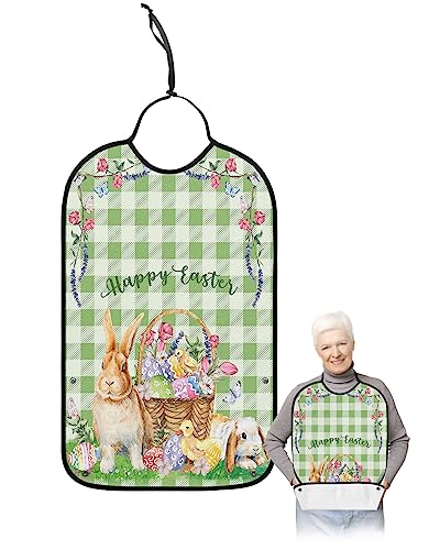 Spring Easter Adult Bibs for Eating, Waterproof Bibs with Food Catcher & Adjustable Snap Closure, Green Plaid Bunny Colorful Eggs Flower Easter Basket Clothing Protectors Adult Bibs for Elderly