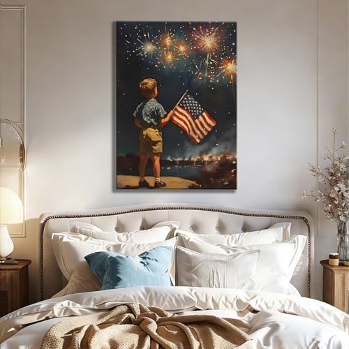 Image of RIBNTAK Patriotic 4th of July Fireworks and American Flag Canvas Wall Art, Little Boy with US Flag Painting, Independence Day Wall Decor for Living Room, Bedroom, Home and Office, Made in USA