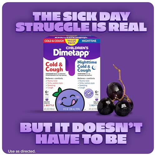 Image of Children's Dimetapp Cold & Cough Value Pack, Liquid, (2) 4 fl oz bottles | Cold & cough, nighttime, antihistamine, kids cough medicine, relieves runny nose, sneezing, cough & itchy eyes, grape flavor