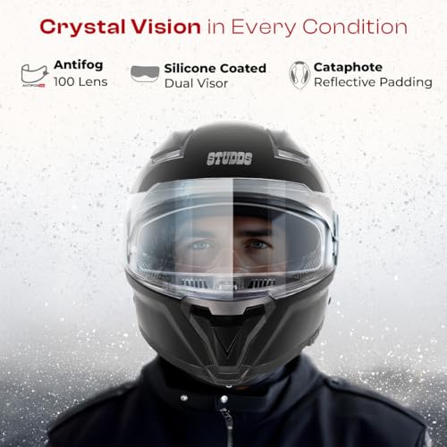 Image of STUDDS Helios ISI and DOT Certified Full Face Helmet with Antifog 100 Lens, Sporty Spoiler (Black - XL)