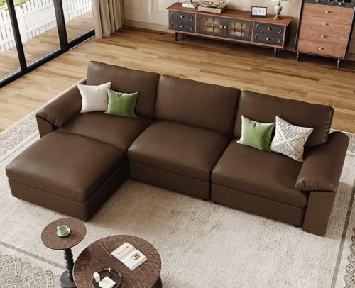 Image of EASE MOOSE Leather Sectional Couch, Oversized Modular Sectional Sofas, Vintage Wide Deep Seat Modular Couch, Scratch Resistant Faux Leather Material, L Shaped Sofa for Big Spaces,Deep Brown