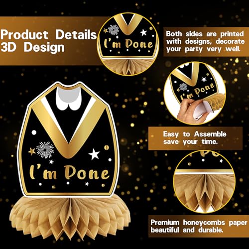 Image of DARUNAXY Black Gold Graduation Party Decorations, Gold Class of 2026 Graduation Banner, 2026 Congrats Grad Honeycomb Hanging Swirl Confetti Balloon Congratulations Graduates Party Supplies(25PC)