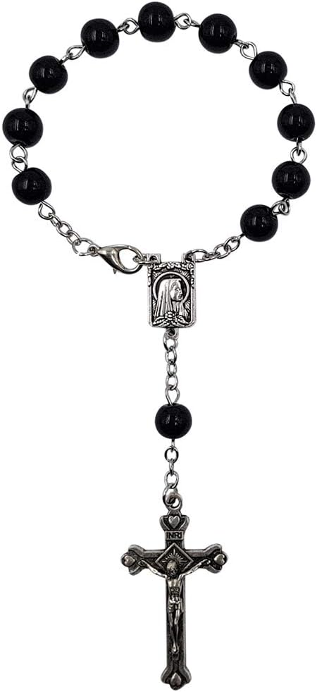 Treasure4U-Store One Decade Auto Rosary for Rearview Mirror Black Pearl Glass Beads Catholic Bracelet Our Lady of Lourdes Centerpiece Religious Gift Car Truck Travel Protection - Image 3
