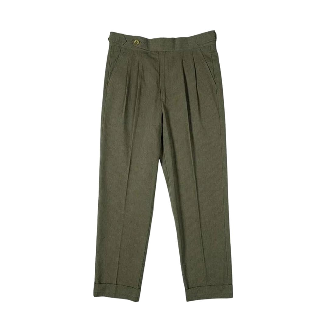 Mens Double Pleated High Waist Pants Zipper Fly Straight Leg Herringbone Cuffed Formal Dress Suit Trousers
