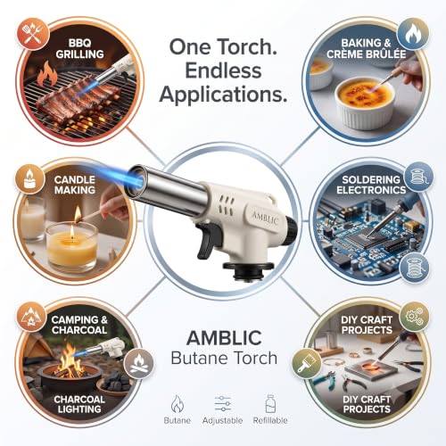 Image of Professional Kitchen Butane Torch Lighter, Refillable Blow Torch for Cooking, Adjustable Flame Creme Brulee Torch, Reverse Use for BBQ, Baking, Soldering & Camping (Butane Gas Not Included)