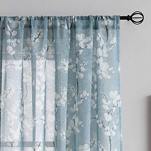 FMFUNCTEX Blue Sheer Curtains for Living-Room White Blossom Print on Flax Linen Blend Window Drapes 50 FMFUNCTEX Blue Sheer Curtains for Living-Room White Blossom Print on Flax Linen Blend Window Drapes 50