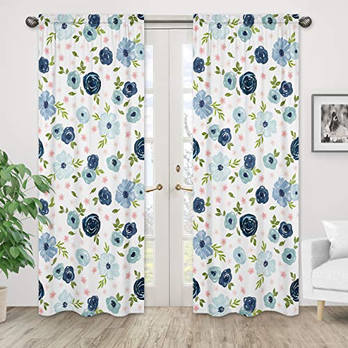 Image of Sweet Jojo Designs Navy Blue and Pink Watercolor Floral Window Treatment Panels Curtains - Set of 2 - Blush, Green and White Shabby Chic Rose Flower