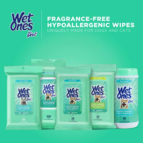 Image of Wet Ones for Pets Hypoallergenic Multipurpose Dog Wipes with Vitamins A, C and E - Fragrance-Free All-Over Pet Grooming Wipes for Dogs in Canister, 50 Count - 12 Pack