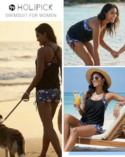 Image of Holipick Tankini Swimsuits Two Piece Tummy Control Bathing Suits Blouson Swim Tank Top with Boy Shorts