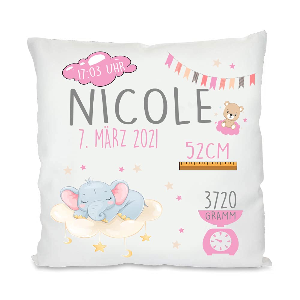 Personalisiertes Geburtskissen mit Namen und Geburtsdaten für Jungen und Mädchen inkl. Füllung 40x40cm | Foto Babykissen| bedrucktes Kissen | Geschenke zur Geburt, Taufe (Mädchen, mit Kissenfüllung)