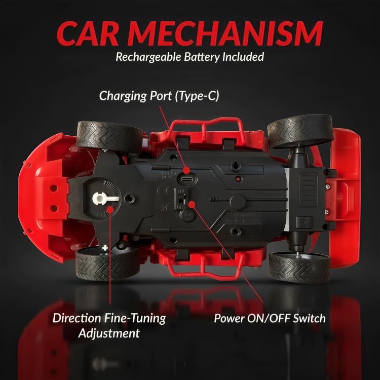 Image of Umadiya Storm RC Racing Car for Kids with 27MHz Remote, Smoke Effect, LED Headlights, Metal Look Body, Opening Doors, Rechargeable Battery, Type-C Charging High Speed Toy Car (Red)