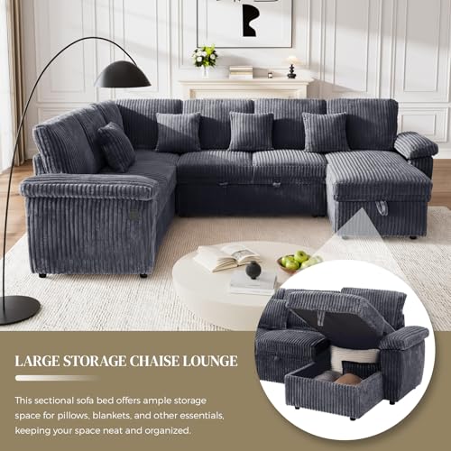 Image of Sectional Sleeper Sofa, Fluffy Soft Corduroy Couch with Pull Out Bed and Storage Chaise, Modern Comfy U Shaped Couch with USB Charger for Living Room Apartment Small Spaces, Dark Grey