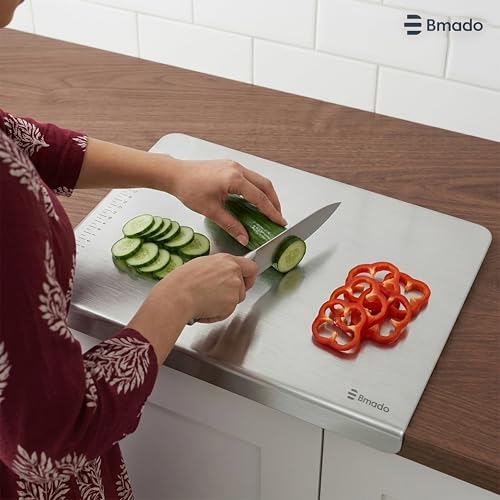 Image of Bmado Premium Food Grade Counter Top Stainless Steel Chopping Cutting Board Vegetable,Fruit,Bread & Durable Safe & Heavy Duty, Regular (351 x 310 x 1)