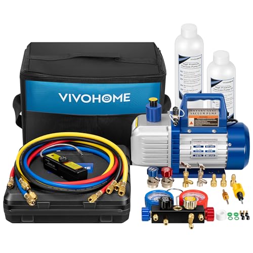 Image of VIVOHOME 3 /4 HP 7.2CFM 2 Stage AC Vacuum Pump and 4 Way Manifold Gauge Set | 110V HVAC Vacuum Pump Kit, Leak Detector, 5ft Hoses, for R134a R410a R12 R22 R502 Air Conditioning Refrigeration Recharging
