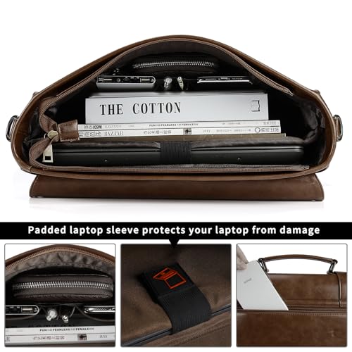 Leather Mens Messenger Bag Vintage 15.6 Inch Waterproof Leather Laptop Briefcase Satchel Shoulder Bag Computer Laptop Bag, Dark brown - Image 5