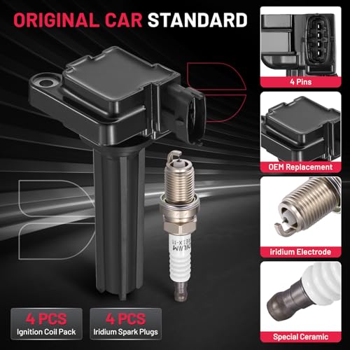 Image of BDFHYK 4 Ignition Coil Pack UF526 and 4 Iridium Spark Plug 7092 Compatible with Saab 2003-2011 9-3, 2010-2011 9-3X 2.0L l4 Coil for DG457 DG472