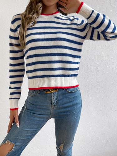 Floerns Women's Striped Print Long Sleeve Contrast Trim Casual Sweater Top4