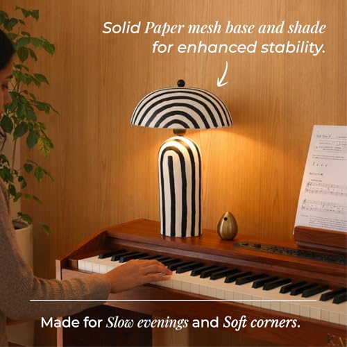 Image of Table Lamp for Living Room Decoration, Handcrafted Rhythm Dome with White & Black Striped Pattern, E27 Bulb Compatible (40 cm H x 28 cm W) (White, Black)