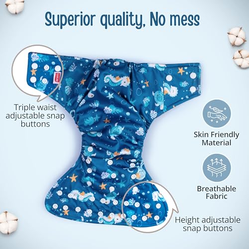 Image of LuvLap Reusable Baby Cloth Diaper, Double Leak Guard, High Absorption, Quick dry, Stain-Proof Comfort & Protection, 3m+, adjustable waist & height with snap buttons, Absorbent insert, Blue Stars
