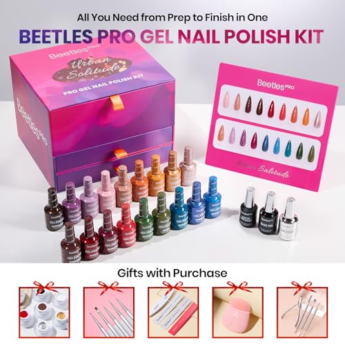 Image of Beetles PRO Gel Polish Set - Urban Solitude Collection, 18 Colors 15ml Full Size Salon Nails Kit with Base Coat, Glossy & Matte Top Coats, 6 Painting Gel For Nails & Tools, UV Nail Lamp Cure Needed