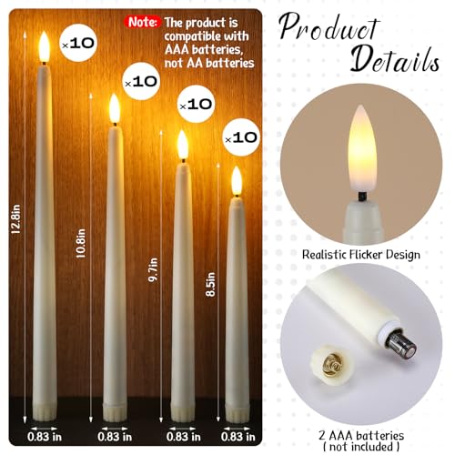 Image of Baquler Flameless Taper Candles LED Flickering Candlesticks, Ivory, 40 Pcs | 8.5 /9.7 /10.8 /12.8 Inch, Battery Operated, Flickering Glow, Artificial Fake Candle, Wedding Halloween Christmas Birthday Decor