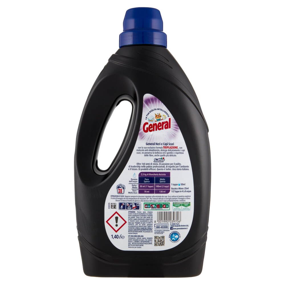 4x General Lavatrice für Schwarze und Dunkle Kleidungsstücke- Flüssigwaschmittel für die Waschmaschine - Waschmittel 28 Wäschen 1400ml + Beni Culinari Kostenloser Schlüsselanhänger
