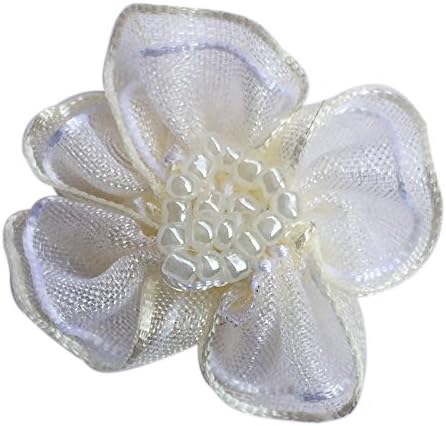 Chenkou Craft 40pcs Organza Ribbon Flowers with Beads Appliques (Beige)
