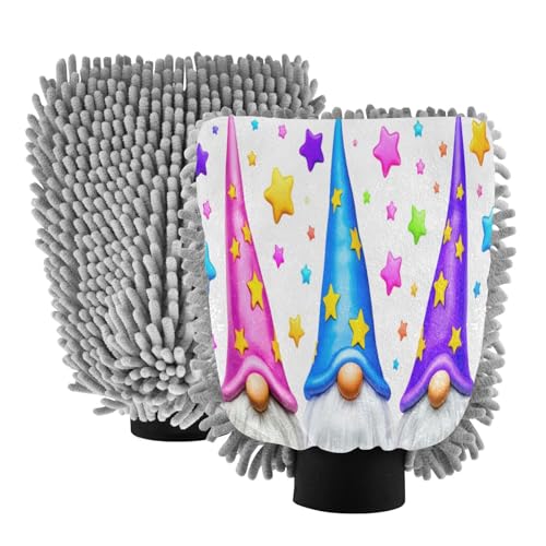 Kigai Three Cute Gnomes Car Wash Mitt Microfiber, 2Pcs Scratch Free Lint-Free, Premium Chenille Microfiber Mitt Car Wash Brush-M