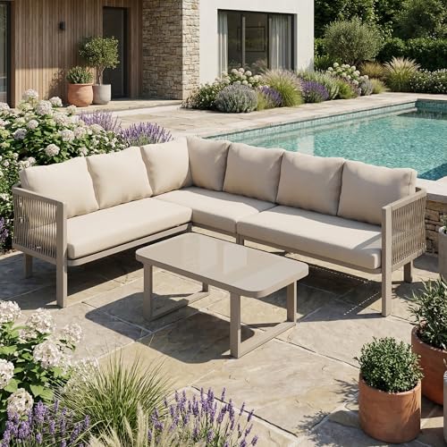 Yihomfy Ensemble de Jardin pour 5 Personnes, Salon d'angle Modulable avec Table en Verre, Structure Acier Galvanisé – Inclut Table, Banc, Chaises et Canapé...