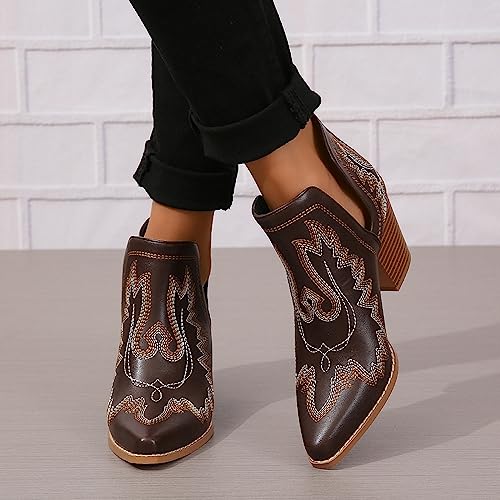 Image of SelRoys Cowboy Boots for Women Cowgirl Ankle Western Embroidered Stitched Pointed Toe Cutout Chunky Heels Short Booties Red Brown Black US5-11