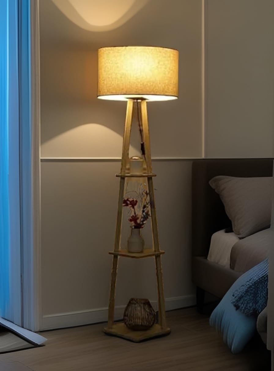 Radiant Lamp Wooden Tripod Floor Lamp with Fabric Shade, Standing Light with Storage Shelf, Natural Wood and Colour Office Decor (White)-picture-15