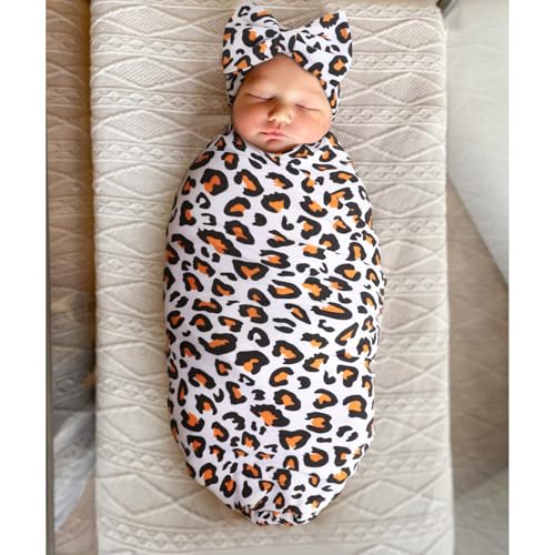 Image of DRESHOW BQUBO Baby Girl Newborn Receiving Blanket with Bow Hat Headband Wooden Birth Announcement Card Set Baby Leopard Nursery Swaddle Wrap