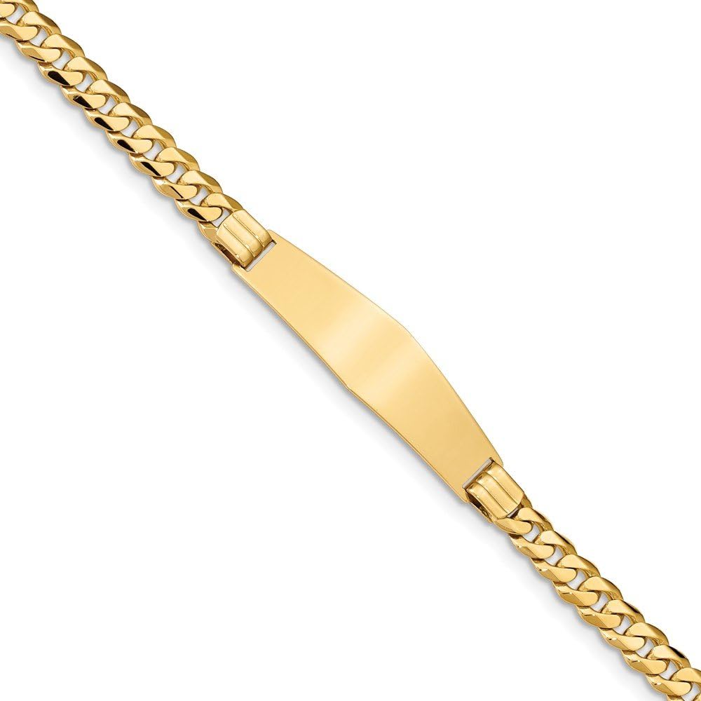 Solid 14k Yellow Gold Engravable Identification Name Bar Tag Curb Cuban Link Soft Diamond-Shape ID Bracelet - with Secure Lobster Lock Clasp 7" (Width = 10mm)