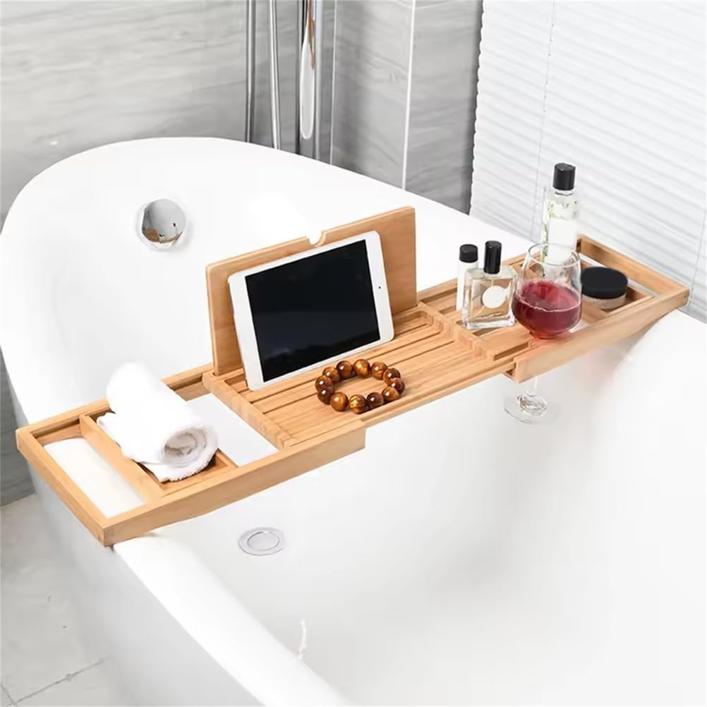 Bandeja extensible de bambú para bañera, organizador de estante ajustable con soporte para jabón, toalla y libro para bañera de lujo