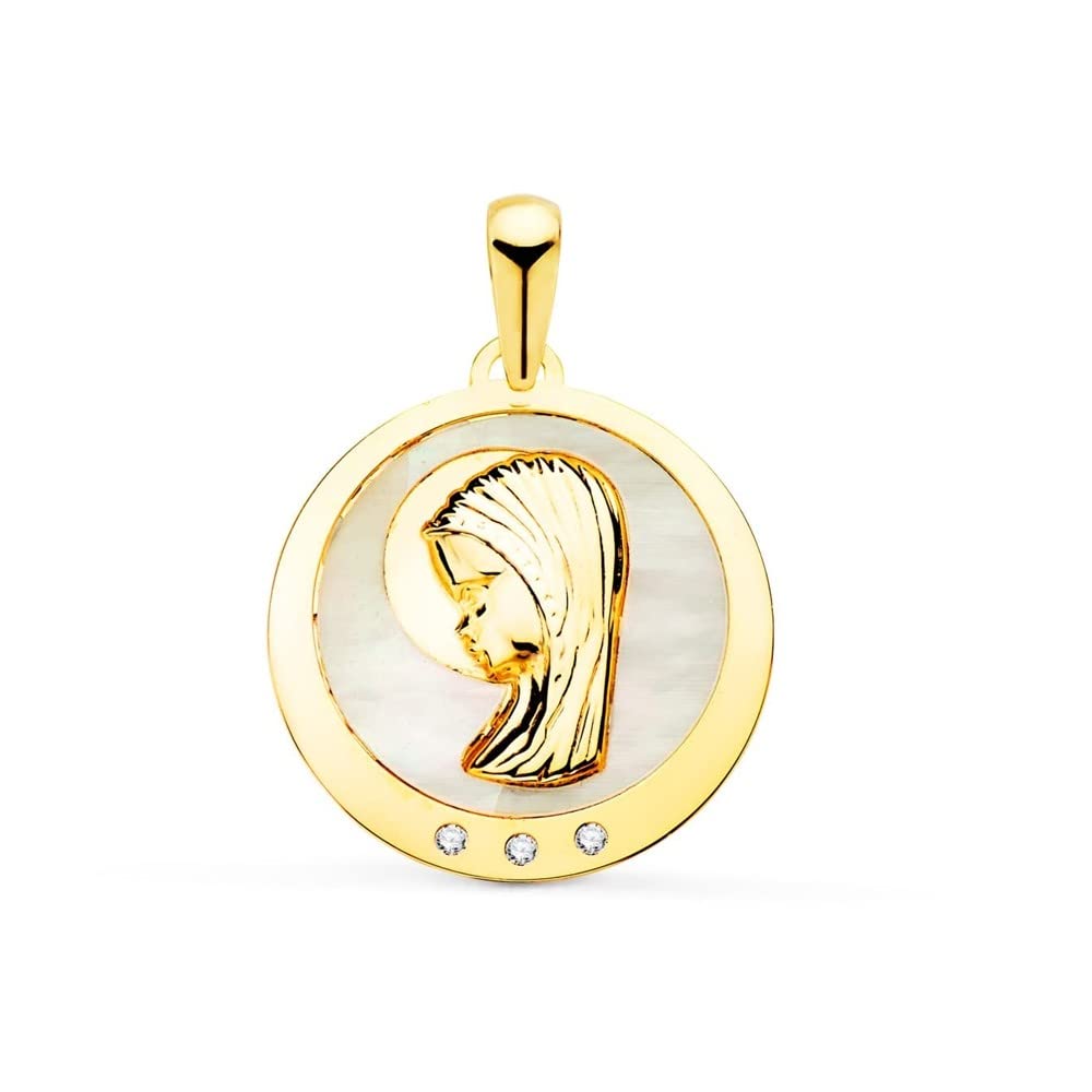Virgen Niña medalla oro 18k Primera Comunión 19mm. nácar fondo combinado circonitas