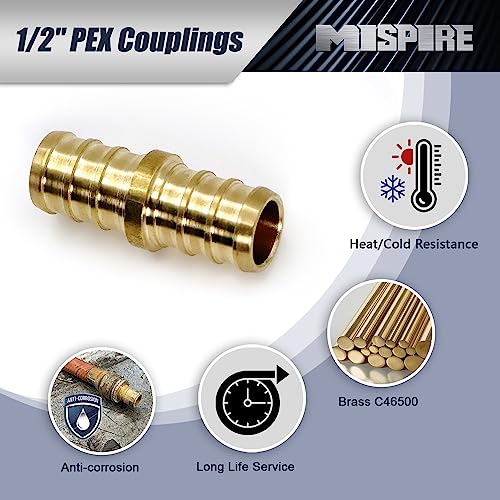 Image of PEX Pipe Fittings 1 /2 inch Straight Coupling (6-Pack) by MISPIRE, Lead-Free Brass Coupler Crimp Fittings for PEX Pipe Plumbing Projects, ASTM F1807