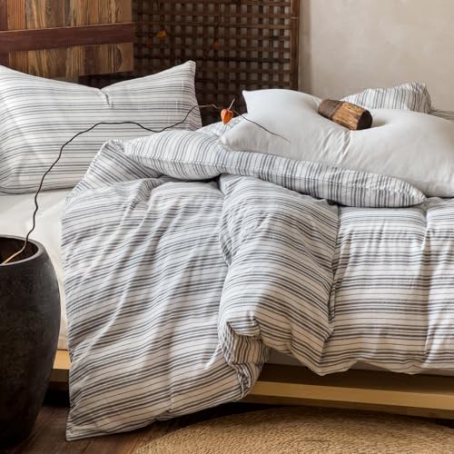 Image of EAVD Retro Grey White Striped Duvet Cover Twin Soft 100% Washed Cotton Reversible Striped Bedding Set with 2 Pillowcases Farmhouse Geometric Pattern Duvet Cover with Zipper Closure