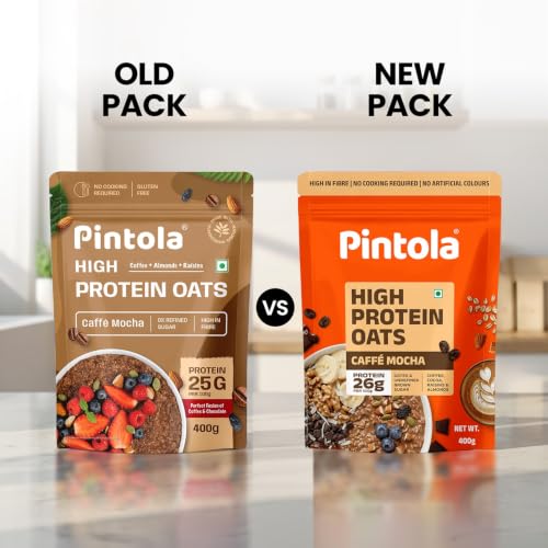Image of PINTOLA 26g High Protein Oats 400g, Caffe Mocha, No Refined Sugar, with Almonds & Raisins, High Fibre, Rolled Oats, Breakfast Cereals | Gluten Free