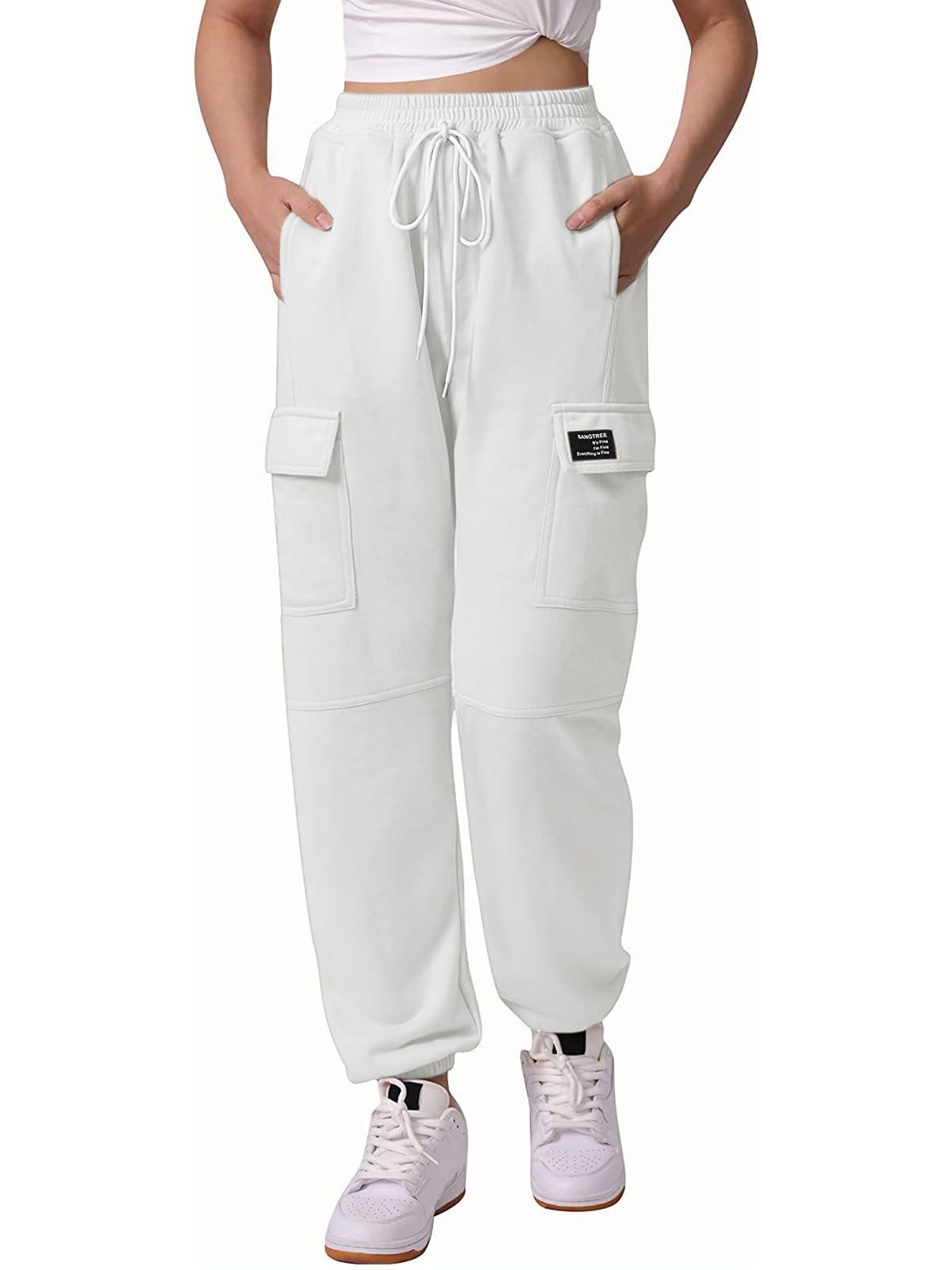 SANGTREE Women's Jogger Sweatpants Solid Casual Drawstring Elastic Waist Workout Cargo Pants with Pockets, White, XX-Large