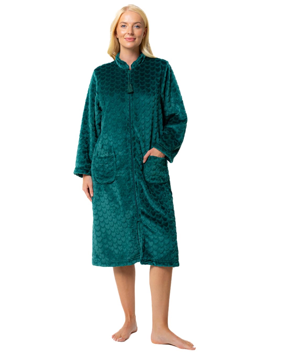 Suzy & Me Ladies Zip Front Soft Embossed Fleece Dressing Gown (UK, Numeric, 20, 22, Regular, Regular, FOREST)