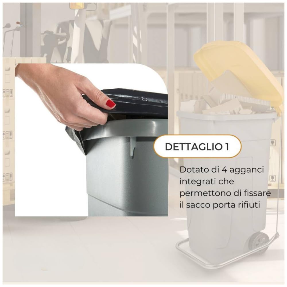PALUPLUS Set 4 Bidoni Pattumiera con Ruote da 80 Litri, Misura, 45x50x78 cm, Coperchio Chiusura a Clip, Maniglia e Fermasacco a 4 Fissaggi, Secchi con Coperchi Rosso, Blu, Verde e Giallo -80F-16