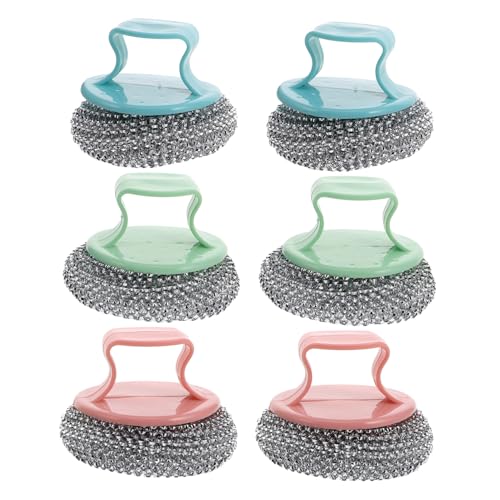 HAPINARY 6 Pack Stainless Steel Dish Scrubber Wire Pot Brush Heavy Duty Kitchen Cleaning Ball Non-Skid Handle for Dishes