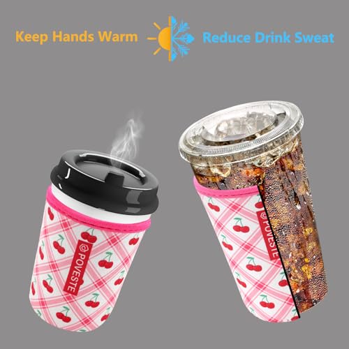 Image of Reusable Neoprene Insulator Sleeve for Iced Coffee & Cold Soda, Coffee Sleeves for Iced & Hot Drinks, Cold Beverage Cooler Compatible with Starbucks, Dunkin (Cherry World, Small: 16-18oz)